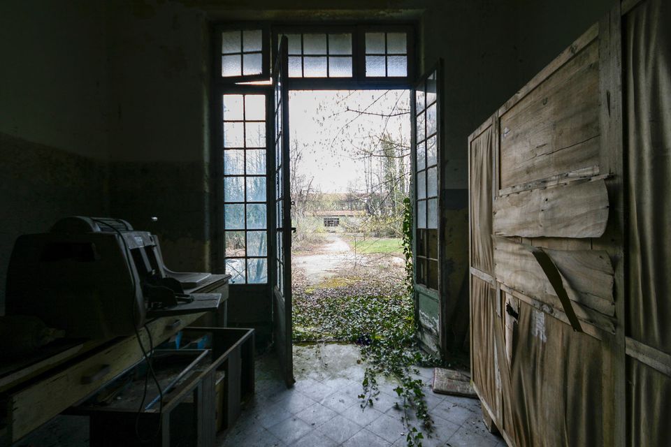 Doorway to the overgrown garden beside old equipment and a wooden crate