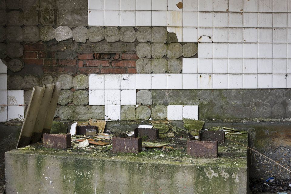 White tiles and stone cladding above a mossy concrete block