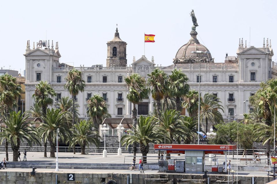 Palms before a domed classical building flying a Spanish flag