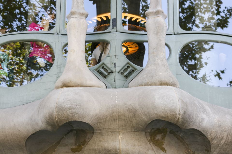 Bone-shaped stone columns and curved glass on a Gaudí facade