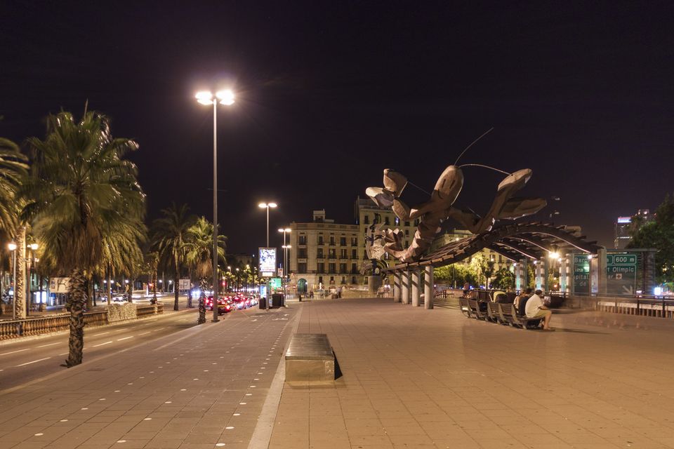 Giant crustacean sculpture above a seafront promenade at night
