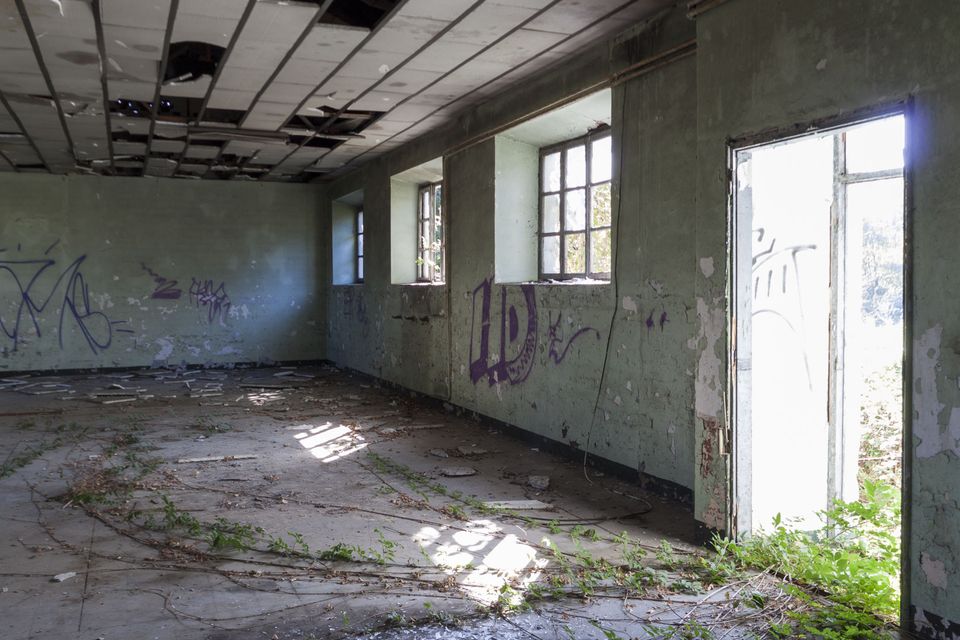 Graffiti-marked room with a fallen ceiling and an open door to the garden