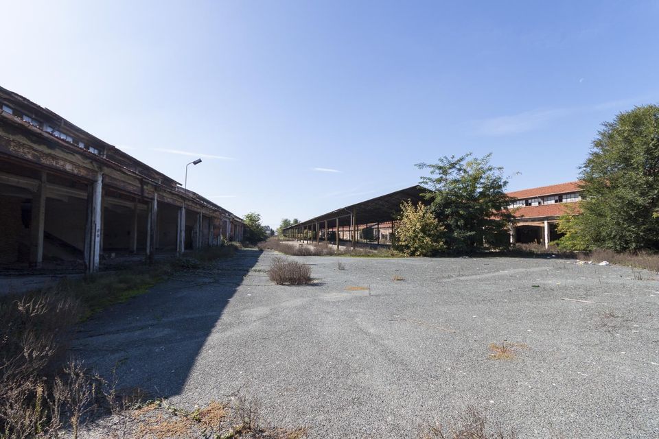 Long covered sheds along a weedy gravel yard under clear sky