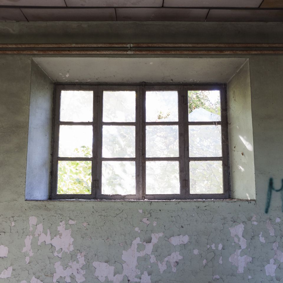 Window with hazy panes in a pale green wall
