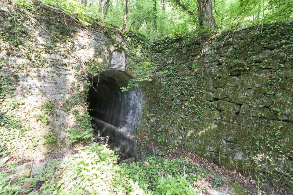 Stone arch tunnel entrance in a mossy retaining wall
