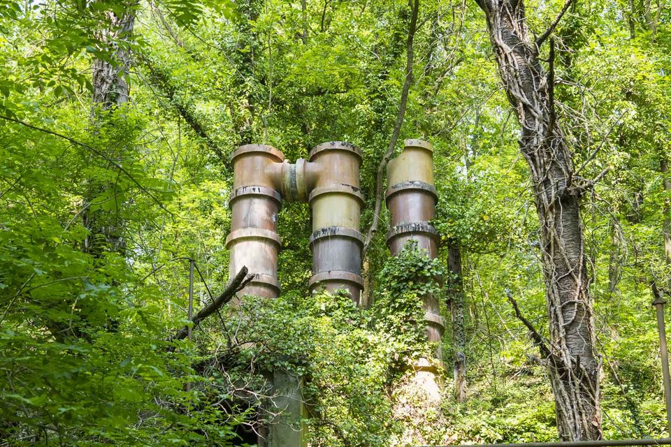 Rusted metal cylinders and pipes among forest trees