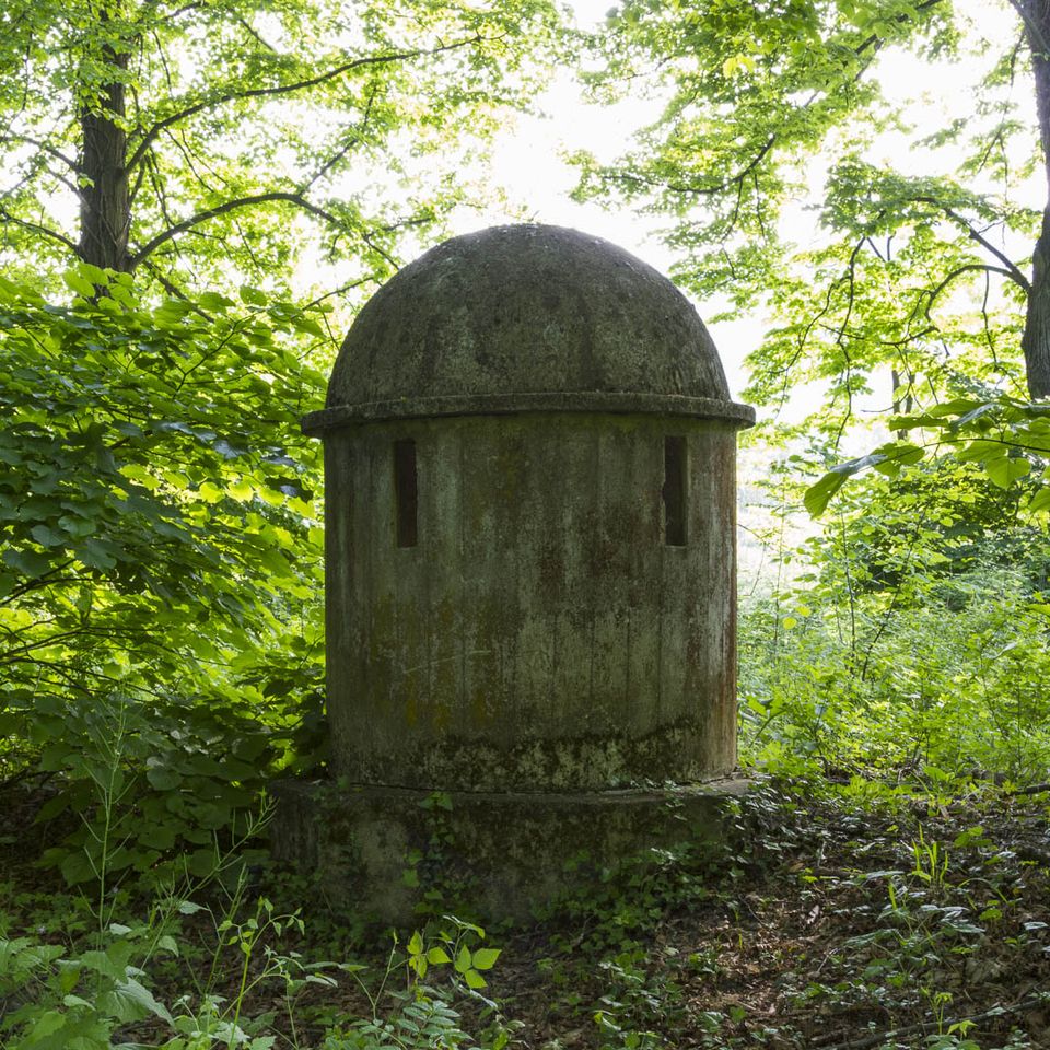 Small domed concrete structure among trees