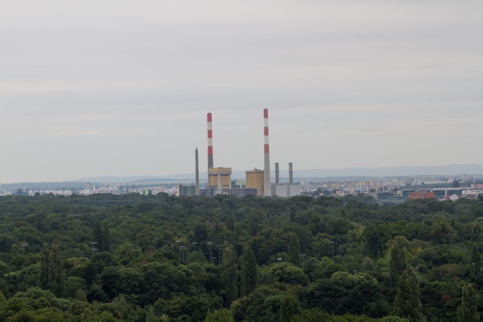 Red-and-white striped chimneys of a power plant above a sea of treetops