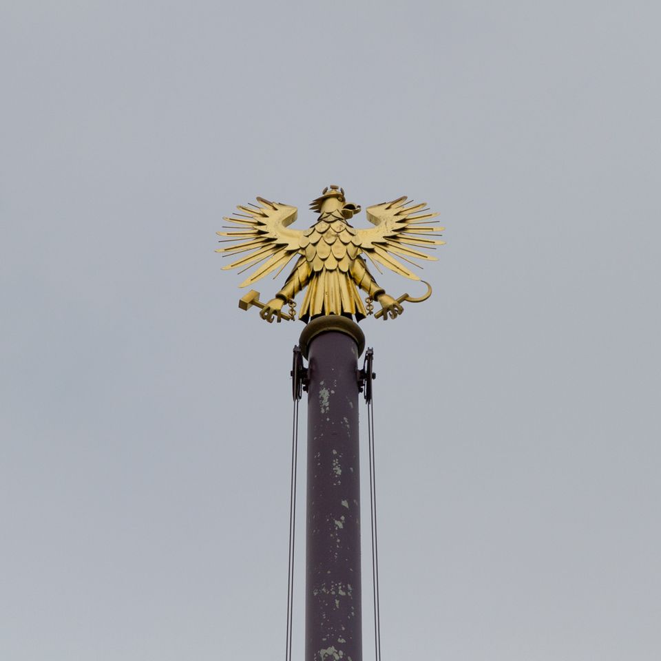 Golden eagle on a dark pole against an overcast sky