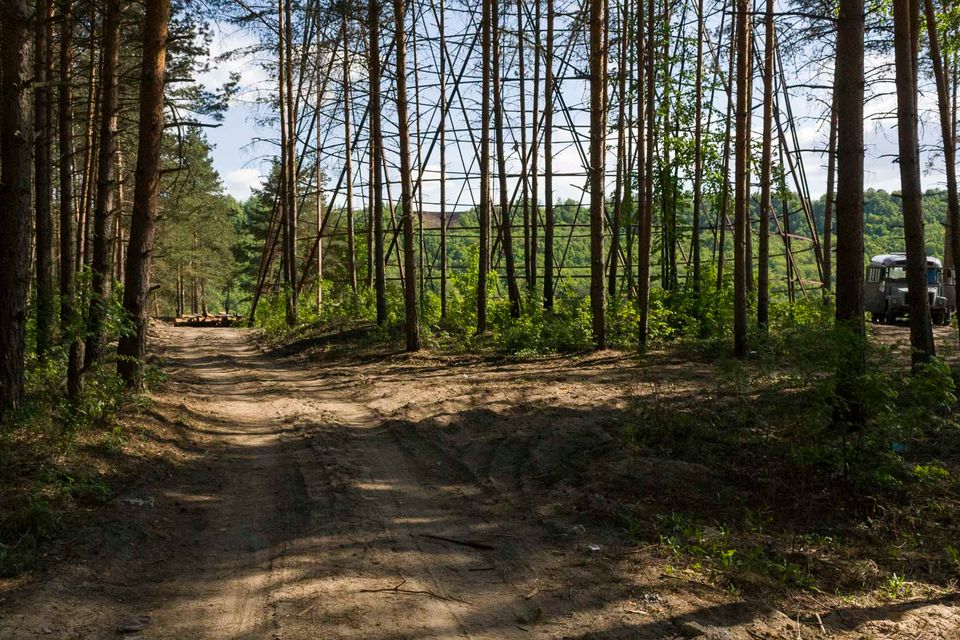 Sandy forest track under pines with the tower legs and a van beyond