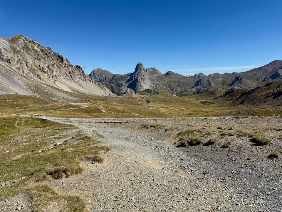 Gravel flats near the pass with the rock tooth beyond