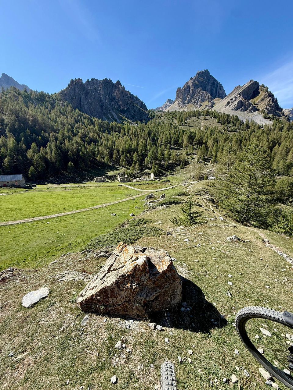 Boulder on a grassy shoulder above larch woods and a meadow