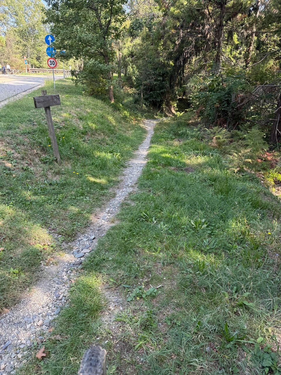 Gravel path through the grass beside the road, a wooden post