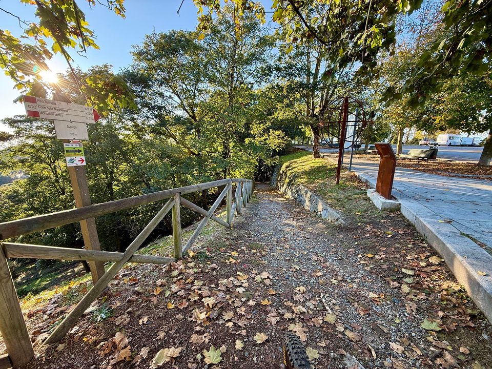 Signposted gravel path beside a road, covered in fallen leaves